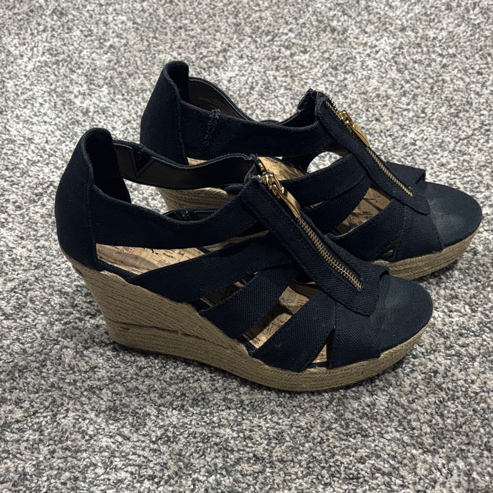 Merona Black Strappy Wedge Sandals with Gold Zip